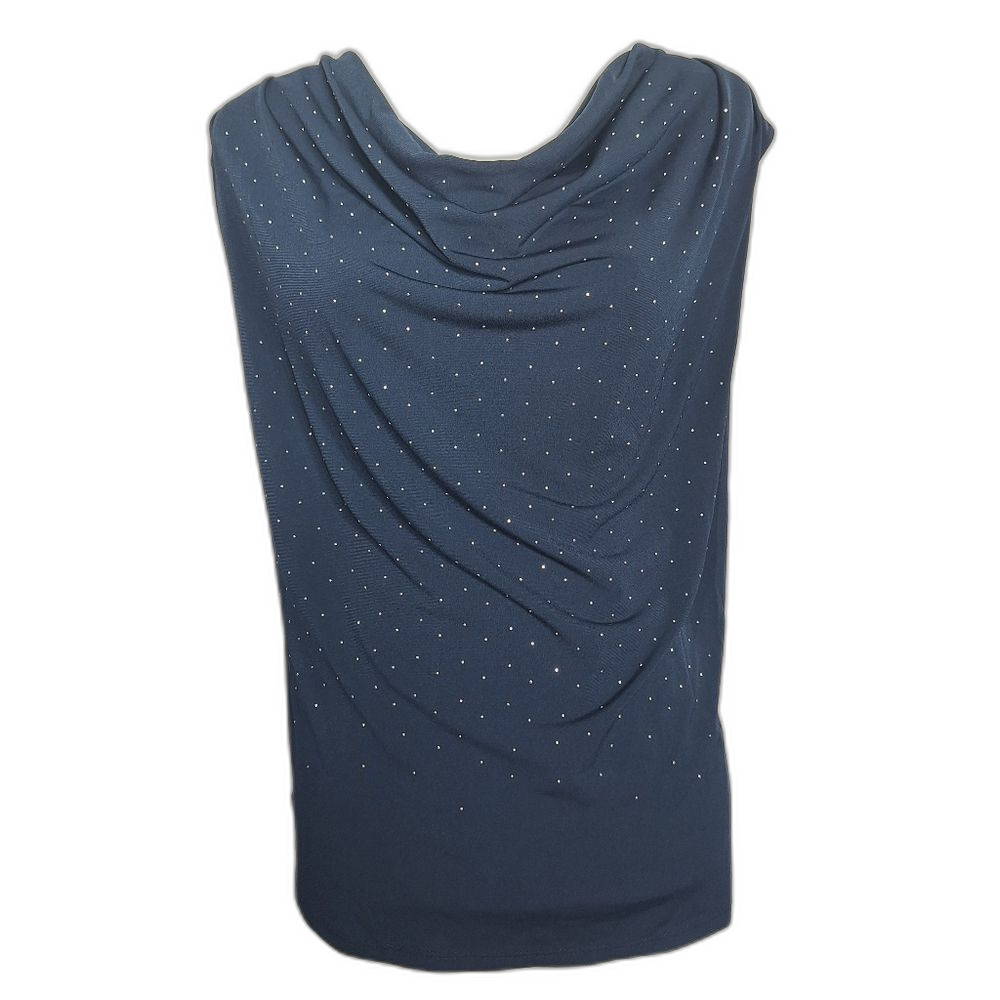 Dressbarn Sleeveless Blouse Rhinestone Navy Cowl Neck Slinky XL Womens
